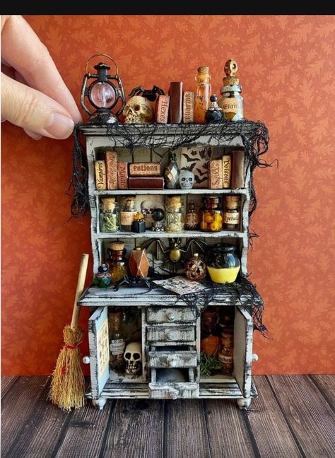 Spooky Doll House Furniture, Miniature Halloween Scenes, Halloween Dollhouse Diy, Witch Cupboard, Witch Dollhouse, Miniature Shelf, Dollhouse Makeover, Halloween Dollhouse, Witches Cottage