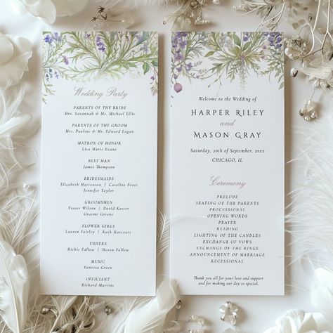 This beautifully designed wedding program features a sophisticated herbal garden theme with intricate floral artwork on both the front and back. The delicate arrangement of lavender, sage, and subtle pink blossoms, set against a soft white background, evokes a sense of natural elegance. The hand-painted watercolor style adds a touch of romantic whimsy, making it perfect for couples who appreciate nature and refined aesthetics. The program's layout is both classic and modern, ideal for a serene garden or outdoor wedding. The muted pastel colors—lavender, lilac, sage, and blush—bring a gentle, calming ambiance to your special day. Herbal Garden, Pink And White Wedding, Calla Lily Wedding, Wildflower Design, Blush Cream, Wedding Ceremony Programs, Orchid Wedding, Lilac Pink, Ceremony Programs