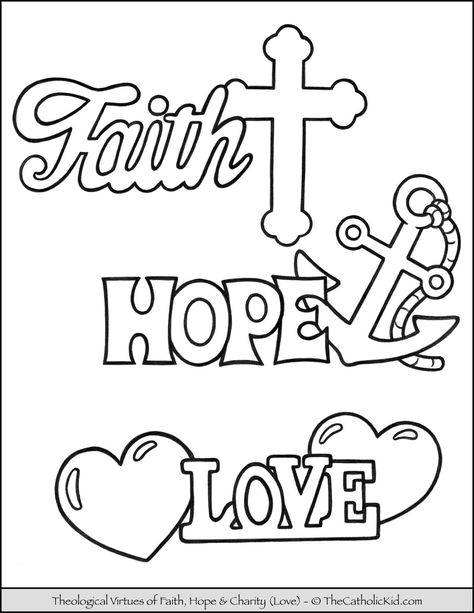 Faith Hope Love Coloring Page, Faith Drawings Ideas, Hope Drawing Ideas, Hope Drawing Ideas Inspiration, Faith Coloring Pages, Theological Virtues, Hope Drawing, Hope Crafts, Drawing Ideas Inspiration