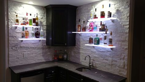 Curved LED Lighted Shelves Led Floating Shelves, Lighted Shelves, Led Shelves, Glass Shelves Ikea, Curved Shelves, Led Shelf, Glass Shelf Brackets, Small Game Rooms, Contemporary Shelving