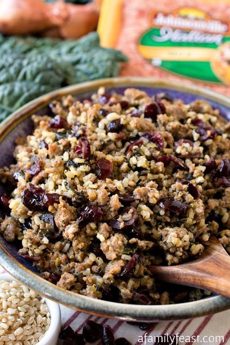 Italian Sausage and Rice Dressing with Kale and Cranberries - A fantastic, flavorful alternative to traditional bread stuffing. (Gluten-Free option). Italian Sausage And Rice, Rice Dressing Recipe, Dressing With Sausage, Recipe For Rice, Sausage And Rice, Rice Dressing, Sausage Rice, Bread Stuffing, Pumpkin Cravings