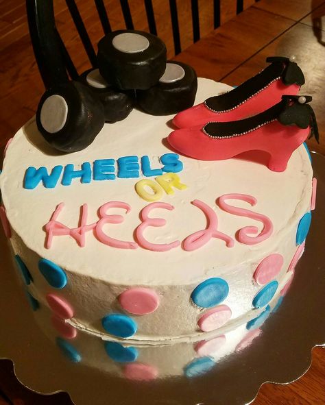 Wheels or Heels Baby Reveal Cake Baby Reveal Cakes, Baby Gender Reveal, Baby Reveal, Reveal Ideas, Reveal Party, Baby Gender, Baby Shower Gender Reveal, Reveal Parties, Gender Reveal Party