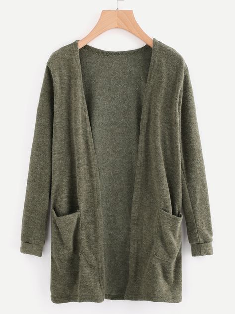 Open Front Cardigan With Pockets -SheIn(Sheinside) Olive Cardigan, Winter Tops For Women, Cardigan Short, Cardigan Green, Embellished Cardigan, Fuzzy Cardigan, Cocoon Cardigan, Fall Fit, Longline Cardigan