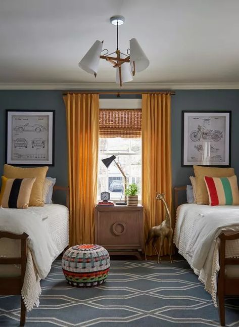 18 Curtain Colors That Go With Gray Walls | Hunker Colours That Go With Grey, Mustard Yellow Curtains, Curtain Colors, Blue Boys Bedroom, Shared Boys Rooms, Boys Shared Bedroom, New England Home, Built In Bunks, Yellow Curtains