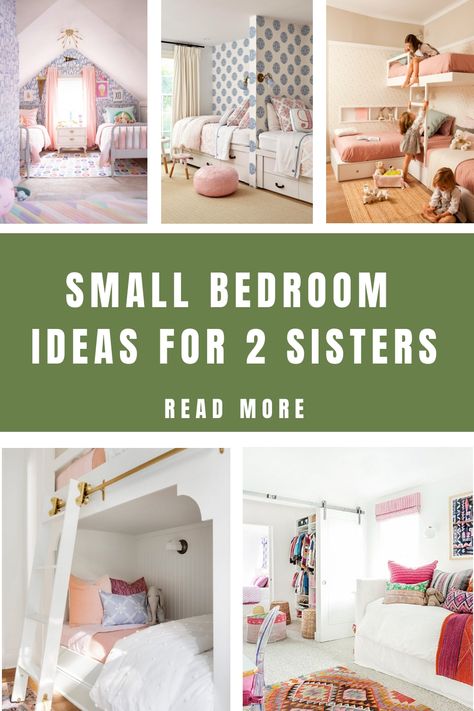 Small Bedroom Ideas For 2 Sisters Splitting A Shared Bedroom, Room For Sisters Shared Bedrooms, Sisters Sharing A Room Ideas, Bedroom Ideas For Siblings Sharing, Girls Bedroom Ideas Little Shared Bunk Beds, Toddler Bedroom Two Beds, Girls Bedroom And Playroom Combo, Small Sister Bedroom Ideas, Sisters Room Ideas Shared Bedrooms Bunk Beds