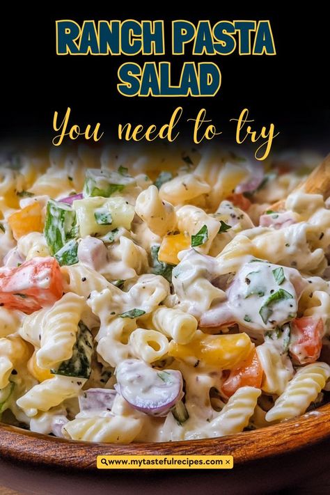 Enjoy a bowl of creamy goodness with this Ranch Pasta Salad! Loaded with pasta, ranch dressing, and fresh vegetables, it’s the perfect easy and satisfying dish for any occasion. Creamy Ranch Pasta Salad, Ranch Pasta Salad Recipes, Creamy Pasta Salad Recipes, Pasta Salad With Ranch Dressing, Chicken Ranch Pasta Salad, Easy Cold Pasta Salad Recipes, Pasta Salad Ranch Dressing, Best Pasta Salad Ever, Penne Pasta Salad