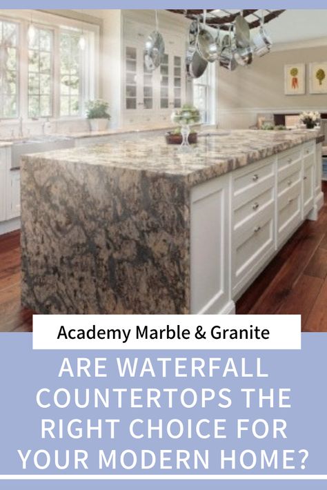 Academy Design, Waterfall Counter, Modern Waterfall, Countertop Design, Granite Counters, Marble Granite, Smooth Lines, Counter Top, Granite Countertops