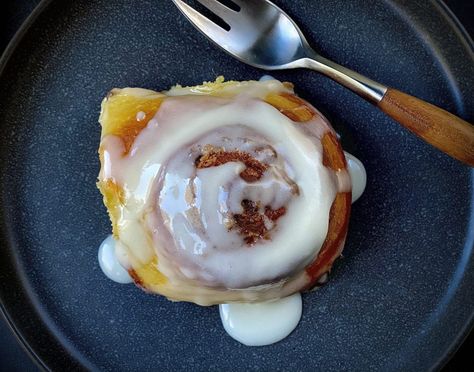 Overnight Cinnamon Rolls - Alton Brown Overnight Cinnamon Rolls Recipe, Overnight Cinnamon Rolls, Tiny Steps, Alton Brown, Sticky Buns, Cream Cheese Icing, Cinnamon Rolls Recipe, Glass Baking Dish, Breakfast Breads