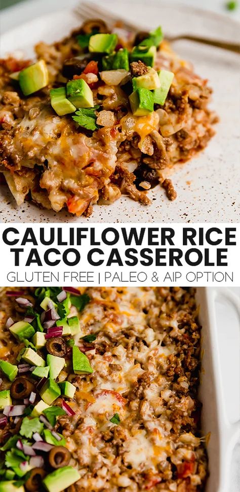 This taco cauliflower rice casserole is made with ground beef and cauliflower rice-filled layered in between grain-free tortillas! It's gluten-free, and can easily be made dairy-free and paleo. Taco Cauliflower Rice, Cauliflower Rice Casserole, Unbound Wellness, Cauliflower Rice Recipes, Carb Foods, Grain Free Recipes, Paleo Dinner, Rice Casserole, Lost 100 Pounds