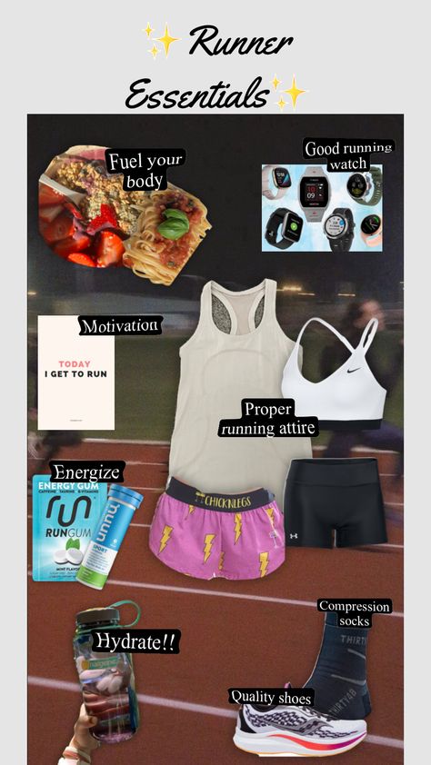 Fuel For Runners, Running Essentials Aesthetic, Runner Essentials, Track Outfits Runners, Running Essentials For Women, 5k Prep, Cross Country Running Training, Running Workout Plan, Runners Body