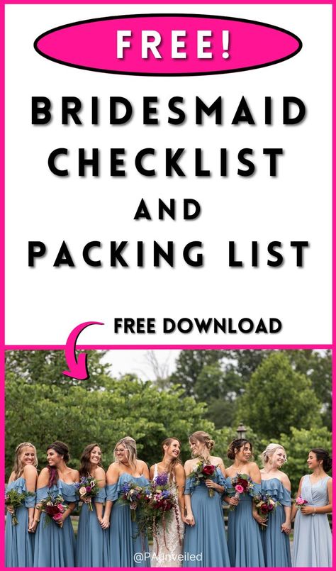 A Pinterest pin that shows a photo of a bride and bridesmaids holding hands and smiling at each other. The text on the pin reads free bridesmaid checklist and packing list Pack List For Wedding, Wedding Bridesmaid Checklist, Checklist For Bridesmaids, Wedding Day Checklist For Maid Of Honor, Wedding Packing List Bridesmaids, What To Pack For Wedding Bridesmaid, What Bridesmaids Need On Wedding Day, Wedding Day Packing List Bridesmaid, Bridesmaid Wedding Day Checklist