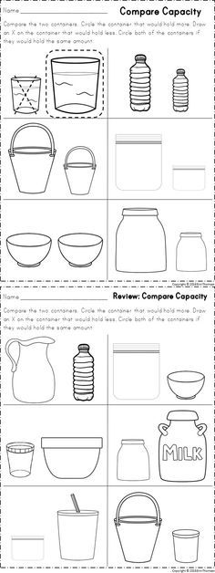 Worksheets for comparing capacity. Part of a kindergarten math unit on measurement. Comparing Capacity Kindergarten, Comparing Weight Kindergarten, Capacity Kindergarten, Capacity Maths, Capacity Activities, Capacity Worksheets, Volume Worksheets, Measurement Kindergarten, Measurement Worksheets