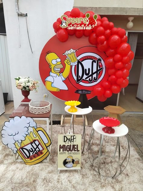 Mens Birthday Party Centerpieces, Simpsons Birthday Party, Simpsons Birthday, Photobooth Decor, Simpsons Party, Beer Birthday Party, Duff Beer, 54th Birthday, Birthday Party Centerpieces