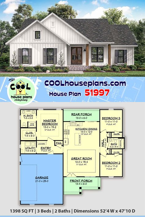 Small country house plan with 1398 sq ft. This three-bed and two bath layout offers a one floor or 1 story house design on a slab or crawlspace foundation. The split bedroom design offers privacy for the master suite and the covered rear porch provides an area to sit and relax. Garage will fit two average size cars and enters close to the kitchen. The plan is simple in design and construction cost would be affordable within in its respective square footage range.  1 story country home floor plan One Story Three Bedroom House Plans, Affordable Farmhouse Plans, Small One Story House Plans, Small House With Garage, Small Country House Plans, Small Country House, Slab House, Bath Layout, Small Country Homes