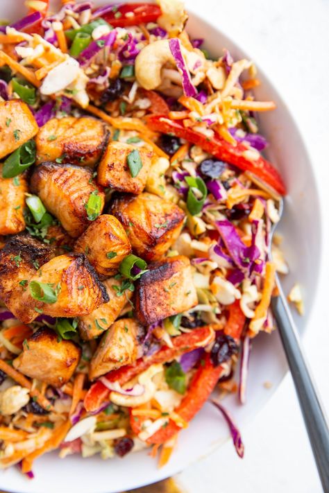 Crispy Salmon Salad with Cabbage and Peanut Dressing - The Roasted Root Salad With Cabbage, Crispy Salmon, Salmon Salad Recipes, Cabbage Salad Recipes, Healthy Entrees, Paleo Salads, Peanut Dressing, Salmon Salad, Cabbage Salad