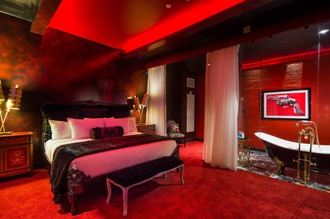 Red And Black Bedroom, Romantic Hotel Rooms, Themed Hotel Rooms, Red Hotel, New Orleans Hotels, Luxury Hotel Room, Audio Room, Black Bedroom, Bedroom Red