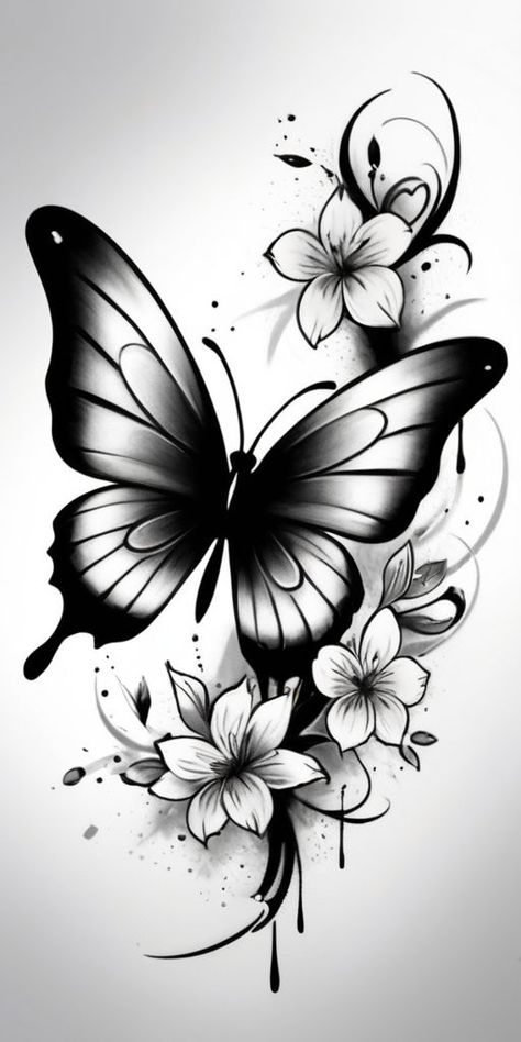 Butterfly Flower Tattoo Design, Tattoo Template Printables, Butterfly Woman Tattoo, Butterfly Floral Tattoo, Butterfly And Flower Tattoo Designs, Nan Tattoo, Woman Tattoo Design, Purple Butterfly Tattoo, Butterfly With Flowers