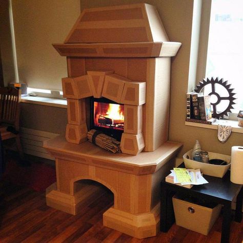 Faux Foyer, Fireplace Faux, Playhouse Furniture, Cardboard Fireplace, Fireplace Bookshelves, Fake Fireplace, Crows Nest, Faux Fireplace Diy, Double Sided Fireplace