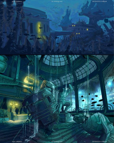 Atlantis Concept Art, Shock Art, Pirate Illustration, Bioshock Rapture, Bioshock Art, Planet Coaster, Underwater City, Underwater Art, Leagues Under The Sea