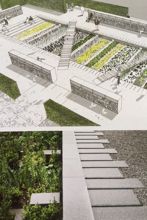 Landscape Architects, Landscape Integrated Architecture, Architecture Embedded In Landscape, Sensory Landscape Architecture, Rain Garden Landscape, Rain Garden Landscape Architecture, Healing Garden Design, Landscape Architecture Representation, Landscape Plane