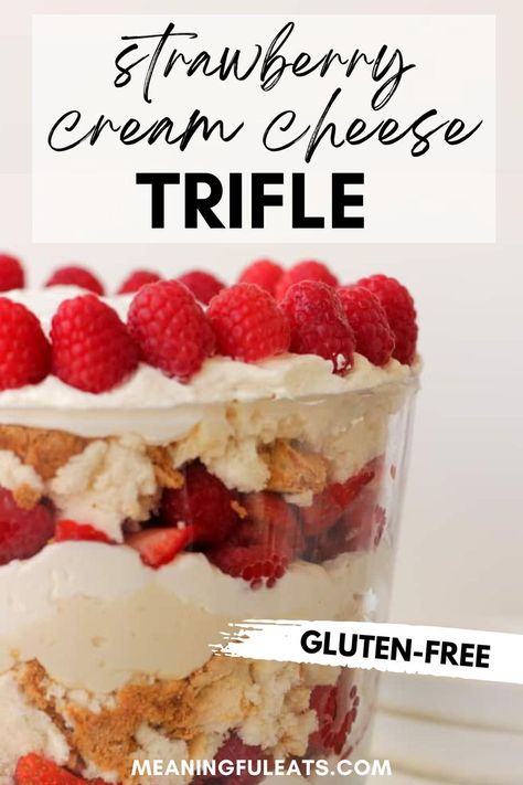 A trifle in a clear glass stand with layers of fresh strawberries and raspberries, white cake crumbles, and a creamy, white layer. Angel Food Cake Whipped Cream, Cream Cheese Trifle, Easter Trifle Desserts, Strawberry Cream Cheese Dessert, Summer Trifle, Cake Whipped Cream, Trifle Dessert Recipes, Strawberry Gluten Free, Gluten Free Brunch