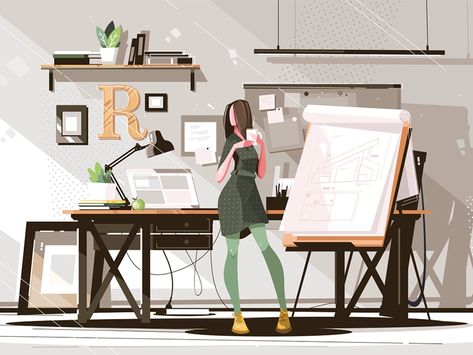 Girl architect working on project by Anton Fritsler (kit8) for Kit8 on Dribbble Happy Birthday Architect, Saana Architects, Architects Band, Architect Career, Architect Office Interior, Architect Working, Scda Architects, Tamizo Architects, Big Architects