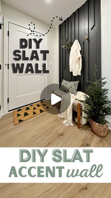 Kelsey + Ryan Mansingh | DIY & Renovation on Instagram: "We spread a little holiday cheer with @behrpaint for our friend Lindsay 🎄 She asked us to help create this accent wall in the entryway of her new home, we not only did that, but taught her how to use some power tools too and surprised her by gifting this whole makeover! It was so fun creating this space for her. On the wall, we used BEHR MARQUEE in the color Cracked Pepper PPU18-01 and on the holiday doormat, Vine Leaf N400-7. Let us know your favorite part of this makeover! #BEHRAmbassador #TodayLetsPaint #behrpaint #diy #paintproject #diymakeover" Diy Accent Wall Entryway, Holiday Doormat, Accent Wall Entryway, Wall Entryway, Behr Marquee, Black Accent Walls, Diy Accent Wall, Behr Paint, Cracked Pepper