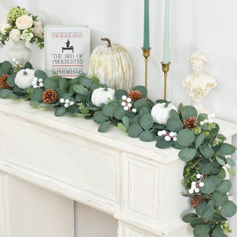 PRICES MAY VARY. 🌿ABUNDANT FALL DECOR: Our package include one 5.9 ft fall garland, augmented with 4 pumpkins, 5 berry branches and 6 pine cones. Pumpkins are 3.3 " in width, pine cones are 1.9 " tall and the faux berry clusters are about 3.5 " in length. Each fall garland for mantle has a loop at one of the ends for easy hanging. Adorning your space with this vibrant garland and bring the elegance of fall right into your home. 🌿MADE OF PREMIUM MATERIALS: The stems, while pumpkins and leaves o Simple Fall Mantle Decor, Simple Fall Mantle, Thanksgiving Mantle Decor, Fall Leaves Garland, Garland For Mantle, Eucalyptus Centerpiece, Pumpkins And Leaves, Halloween Mantle Decor, Leaves Garland