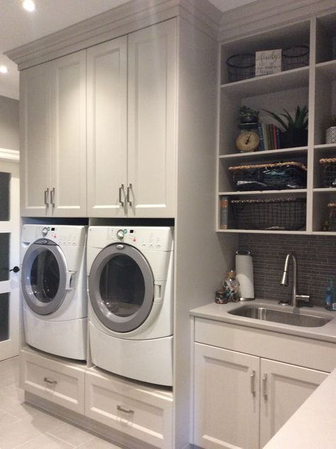 Washer On Pedestal Laundry Rooms, Raised Laundry Room Ideas, Cabinets For Washer And Dryer, Laundry With Raised Washer And Dryer, Washer And Dryer Pedestal Cabinet, Cabinets Above Laundry Washer And Dryer, Washer And Dryer Cabinet Diy, Washer Dryer Side By Side, Laundry On Pedestals