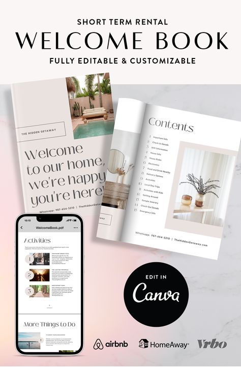 AIRBNB VRBO WELCOME BOOK TEMPLATE FOR SHORT TERM RENTALS + FREE BONUS PRINTABLE WELCOME SIGN AND CLEANING CHECKLIST

Wow your vacation rental guests with a 5-star start to their trip with this Bohemia Short Term Rental Welcome Book template!

~ Easily editable customizable template
~ Over 25 unique page designs
~ Print it or share it digitally by email or text - saving it as a PDF is easy! Welcome Book For Vacation Rental, Airbnb Templates, Vacation Rental Host, Guest Experience, Short Term Rental, Cleaning Checklist, Travel Activities, Book Template, Page Design