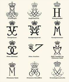 The Danish Royal Family's Monograms.   Queen Margrethe ll, has right from the first years of her rein, designed all of the Monogram's for all of the Royal Family...and that's not all she's designed and continue to do so.... Danish Royalty, Family Monogram, Danish Royal Family, Danish Royals, Embroidery Monogram, Lettering Styles, Monogram Design, Monogram Fonts, Ex Libris