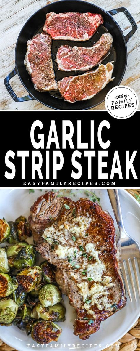 A steakhouse quality steak is EASIER than you think! This method for how to make steak in a cast iron skillet is my go to for a quick and flavor packed steak dinner. It really doesn't get much easier, and all you need for this steak dinner is a cast iron pan, a steak, and a few ingredients. I used Strip steak here, but you can do ribeye, filet mignon, tenderloin, or even sirloin in cast iron pan using the same method! Garlic Butter Filet Mignon, Ny Strip Steak Recipes, Iron Skillet Steak, Steak With Garlic Butter, Steak Sirloin, Cast Iron Steak, Steak Dinner Recipes, Strip Steak Recipe, Filet Mignon Recipes