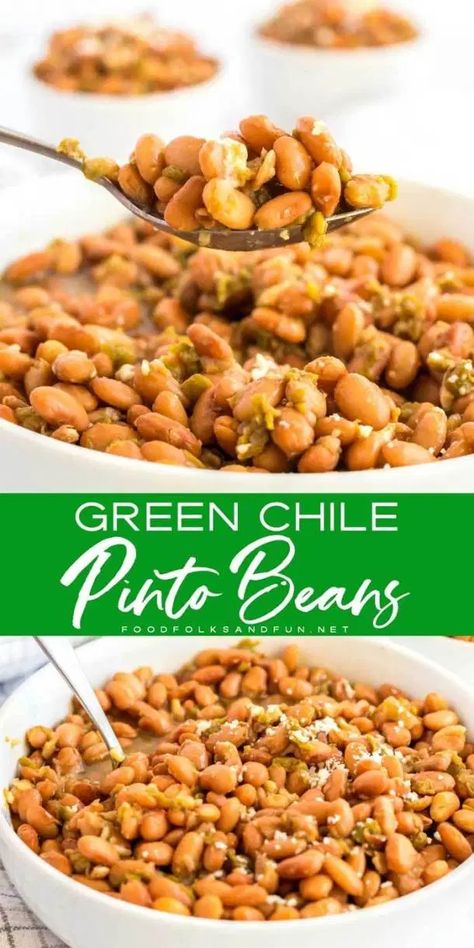 Hatch Green Chili With Pinto Beans, Green Chili Bean Burritos, Green Chili Beans, Pinto Beans In The Crock Pot Mexican, Pinto Bean Soup Crockpot, Green Chiles Recipes, Pinto Beans In The Crock Pot, Ballgame Food, Recipe For Stuffing