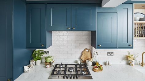 marine blue kitchen teal Marine Blue Kitchen, Kitchen Teal, 1930s House Renovation, Under Cupboard Lighting, Conservatory Ideas, White Quartz Counter, Larder Unit, 1930s House, Secret Storage