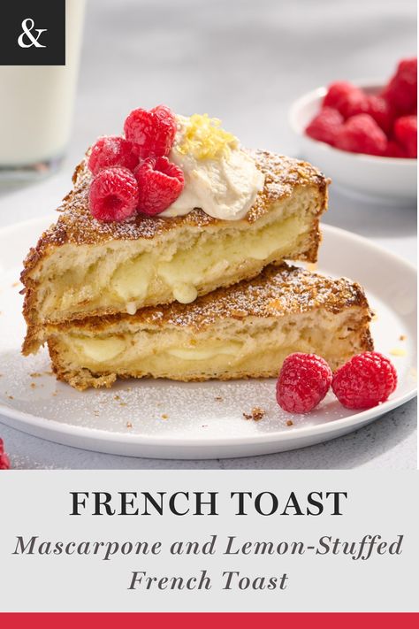 This treat is a delightful twist on classic French toast. Spread a luscious mascarpone and lemon curd mixture between brioche slices. Dip the bread in an egg and cinnamon mixture then coat with crispy crushed corn flakes. Air fry to perfection and top with a fluffy maple-infused whipped cream and a sprinkle of lemon zest. Add raspberries to add a burst of freshness. This recipe is quick, indulgent and perfect for a solo brunch treat. French Toast Mascarpone, Mascarpone Breakfast Recipes, Mascarpone Breakfast, Cornflake French Toast Recipe, Marscapone French Toast Recipe, French Toast Brioche Bread, Corn Flake French Toast, Lemon Curd French Toast, Brunch Cafe Menu