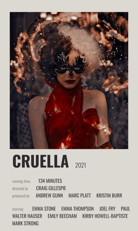 Cruella Poster, Joel Fry, Emily Beecham, Cruella 2021, Mark Strong, Funny Cat Faces, Emma Thompson, Minimal Movie Posters, Running Time