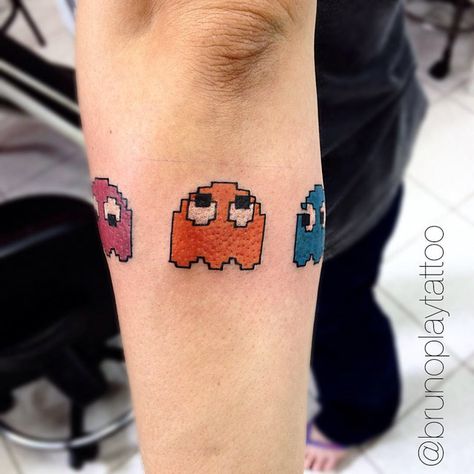 pacman ghosts tattoo Pacman Ghost Tattoo, Pacman Tattoo, Pac Man Ghost, Hedgehog Tattoo, Pacman Ghost, Palm Tattoos, Ghost Tattoo, Best Tattoo Ideas, Gaming Tattoo