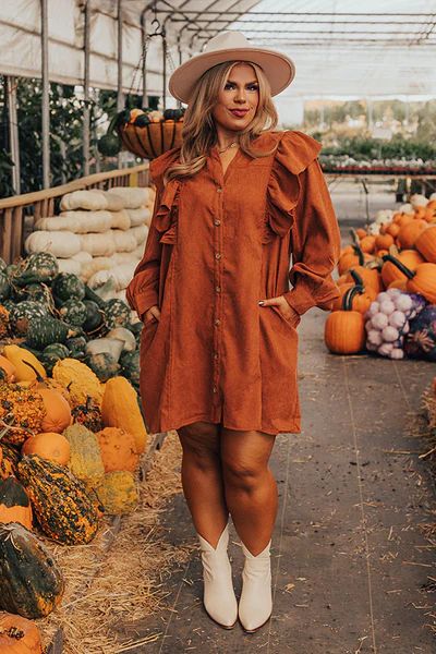 Boston Chill Corduroy Dress in Rust Curves Casual Dress With Boots, Plus Size Cowgirl, Plus Size Western Wear, Autumn Fashion Curvy, Fall Photo Outfits, Shirt Dress Fall, Plus Size Fall Fashion, Plus Size Fall Outfit, Nashville Outfits