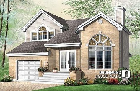 House plan W2444 by drummondhouseplans.com Split Level House Exterior, Bay House Plans, Three Bedroom House Plan, Drummond House Plans, Modern Colonial, Three Bedroom House, House Plans And More, European House, Curved Staircase