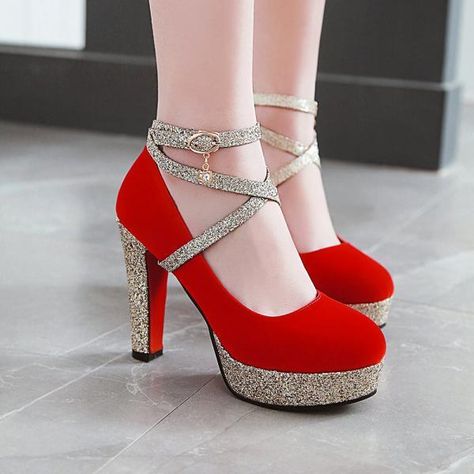 Luulla - Shopping Cart High Heels Prom, Pinterest Pretty, High Heels For Prom, Ankle Strap Chunky Heels, Heels Prom, Women High Heels, High Heel Platform, Heels High, Blue Pumps