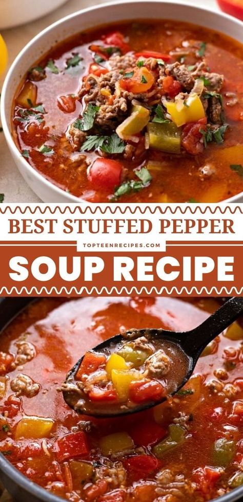 Stuffed bell pepper soup is a flavorful and hearty soup that is made with fresh yellow, green, and red bell peppers, ground beef and ground pork, Basmati rice, and a lot of tomatoes! It is very easy to prepare and you can use leftover stuffed pepper filling for this stuffed pepper soup recipe. Best Stuffed Pepper Soup, Stuffed Bell Pepper Soup, Peppers Ground Beef, Green Pepper Soup, Stuffed Pepper Soup Recipe, Pepper Soup Recipe, Bell Pepper Soup, Bell Pepper Recipes, Homemade Soup Recipe