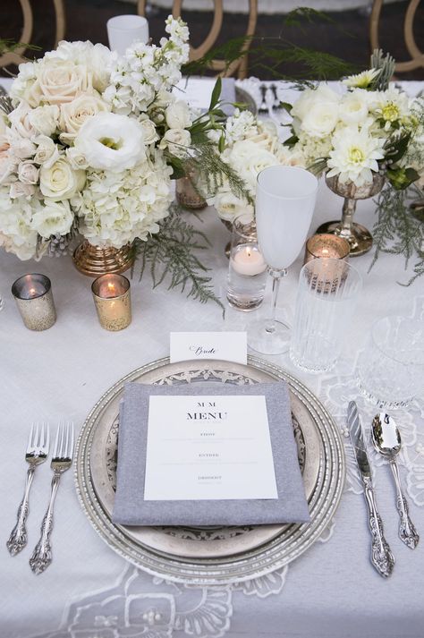 Beautiful grey and mixed metallic table setting Day Color Palette, Mixed Metals Wedding, Cake Florals, White Silver Wedding, Metallic Table, Metal Table Decor, Wedding Setup, Colors Wedding, Dinner Table Setting