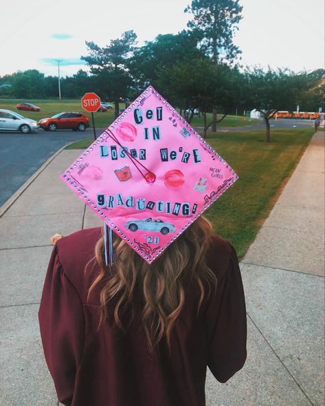 Graduation Cap Designs Clueless, Mean Girls Grad Cap, Clueless Graduation Cap, Mean Girls Graduation Cap, Barbie Graduation Cap, Graduation Cap Designs Aesthetic, Girl Graduation Party, Senior Crown Ideas, Senior Year Things