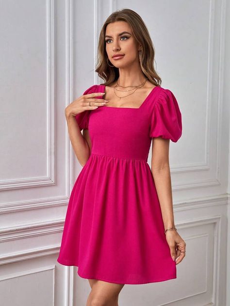 SHEIN Privé Square Neck Puff Sleeve Tie Back Dress | SHEIN USA 19 Birthday, Short Frock, Pink Dress Short, Tie Back Dress, Short Dresses Casual, Trendy Shorts, Georgette Fabric, Back Dress, Women Dresses