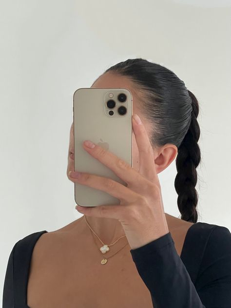 Black Hair Gold Jewelry, Brunette Slicked Back Hair, Slick Back Ponytail Aesthetic, Slick Plait Ponytail, Black Slick Back Ponytail, Slick Back Aesthetic, Slicked Braided Ponytail, Slick Back Plait Ponytail, Braided Slick Back Ponytail