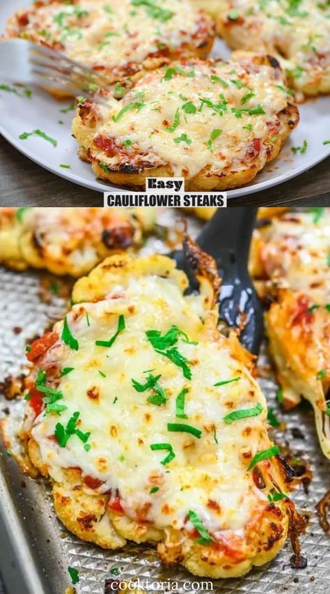 These Cauliflower Steaks with Marinara are healthy, delicious, and light. Made with seasoned tomato sauce and a mix of cheeses, it's simple and full of flavor. FOLLOW Cooktoria for more deliciousness! If you try my recipes - share photos with me, I ALWAYS check! Marinara With Vegetables, Coliflower Steak Roasted, Califlour Steak Recipes, Baked Cauliflower Steaks Recipe, Cauliflower Steak Recipes, Cauliflower Steaks Recipes, Masterchef Recipes, Veggie Side Dish Recipes, Vegetarian Recipes Dinner Healthy