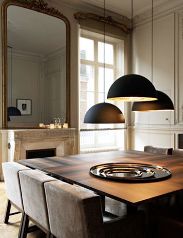 Lighting at different heights adds sophistication/simplistically...the FOCAL POINT MIRROR is breathtaking Dining Table Drop Light, Multiple Pendants Over Dining Table, Family Area, Artistic Process, Deco Luminaire, Square Dining Table, Interiors Dream, Square Dining Tables, Square Table