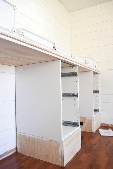 Rachel Schultz: MAKING IKEA CABINETS INTO A BUILT IN STANDING DESK Diy Built In Desk With Cabinets, Built In Standing Desk, Base For Cabinets, Built In Wall Cabinets, Diy Built In Desk, Building A Wall, Desk Wall Unit, Diy Standing Desk, Diy Office Desk