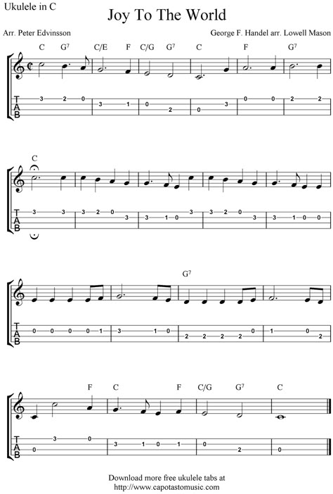 ✓"Joy To The World" Ukulele Sheet Music - Free Printable Christmas Ukulele Songs, Mandolin Songs, Ukulele Sheet Music, Ukulele Fingerpicking Songs, Christmas Ukulele, Ukulele Tabs Songs, Ukulele Fingerpicking, Uke Tabs, Ukulele Chords Songs