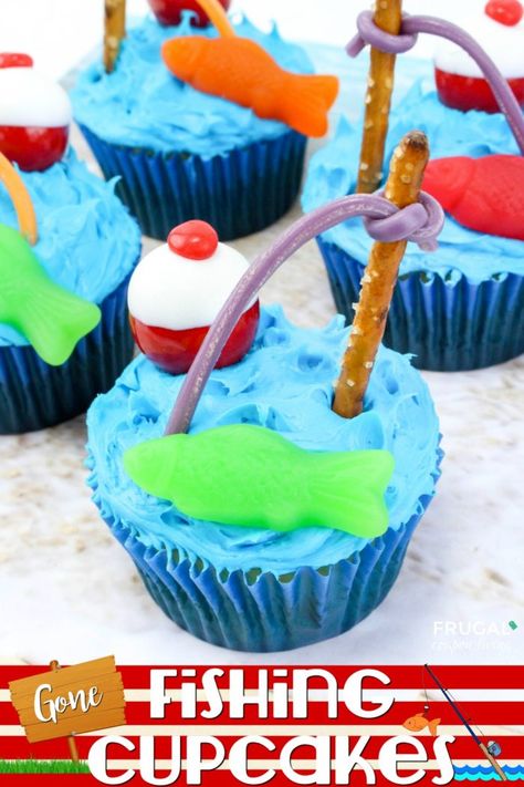 Tackle this easy fishing cupcakes for a Father's Day Dessert. Also perfect for a beach party cake or as a summer cupcake. #FrugalCouponLiving #fishing #cupcakerecipes #cupcakedecorating #cupcakes #fathersday #fathersdayideas #desserts #recipes #fish Lake Theme Party, Adoption Party Ideas, Fishing Birthday Cake, Birthday Cake Cupcakes, Fishing Cupcakes, Summer Cupcakes, Lake Party, Kid Cupcakes, Adoption Party